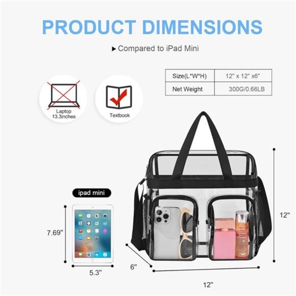 Clear Tote Bag Clear Bag Stadium Approved 12x6x12 Stadium Bag for Work, Sports - Picture 2 of 7